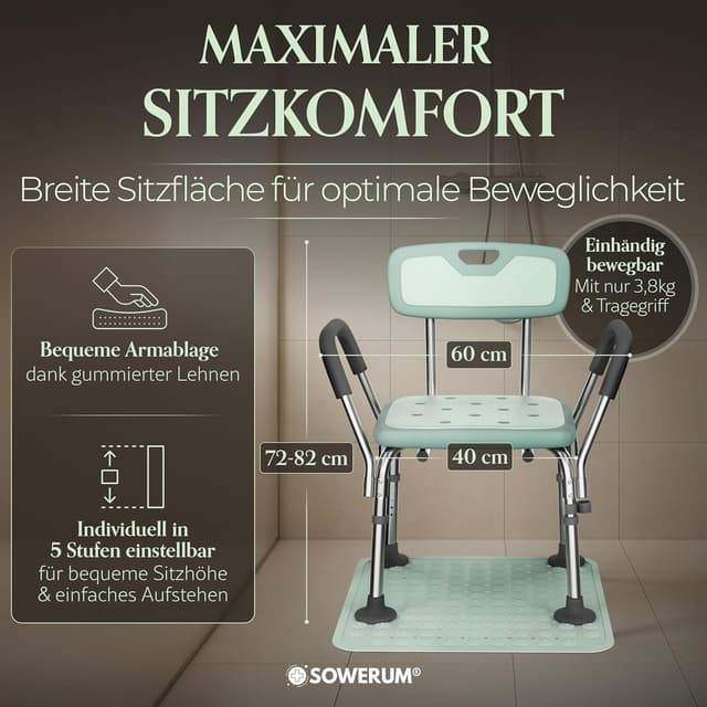 Detalle de Duschstuhl für Senioren mit Rückenlehne und Armlehnen (bis 150 kg) – rutschfest mit Antirutschmatte