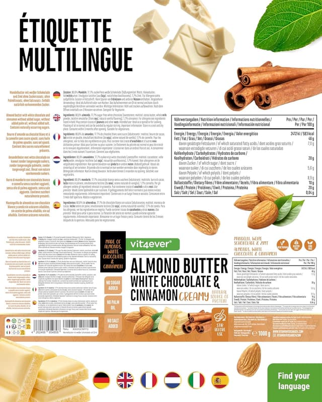 Detalle de vit4ever Beurre d’amande Chocolat blanc Cannelle, 1 kg (naturel) – texture onctueuse, sans huile de palme