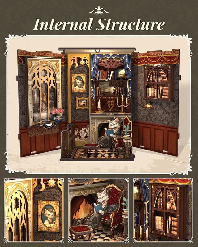 Detalle de CUTEBEE Count Cat’s Study Book Nook Kit mit LED – DIY Puppenhaus Bausatz als Bücherregal-Deko