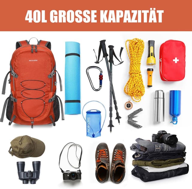 Thumbnail 6 de BECOJADDE faltbarer Wanderrucksack 40 l (Nassfach, Wasserbeutelanschluss) – Orange