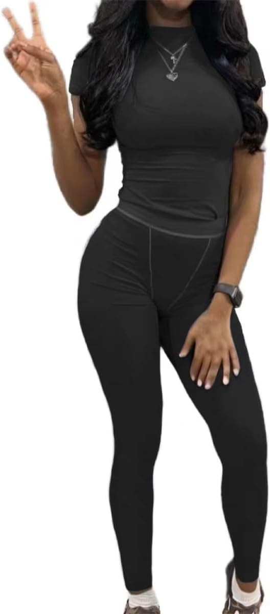 Detalle de AYWA Two-Piece Matching Sets for Women: Fitted Crew Neck T-Shirt & High-Waist Leggings/Biker Shorts