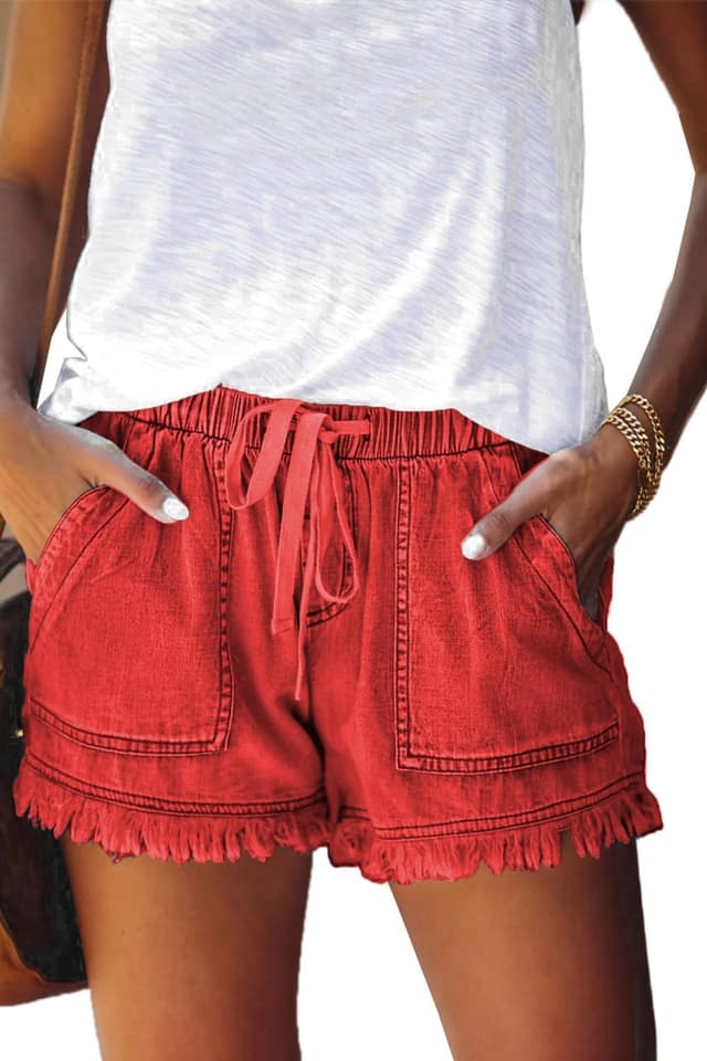 Detalle de HVEPUO Damen Baumwoll-Leinen Shorts mit Gummibund & Kordel – weite Hotpants für Sommer