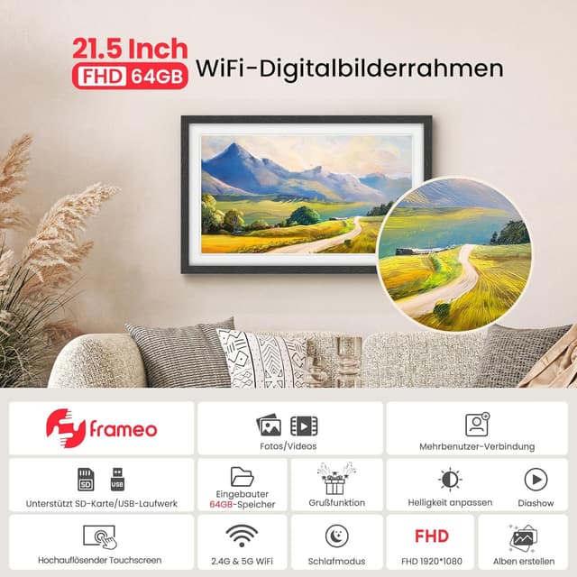 Detalle 2 de 64GB FRAMEO digitaler Bilderrahmen 21,5 Zoll (1920×1080) mit Touchscreen, WLAN & App-Sharing