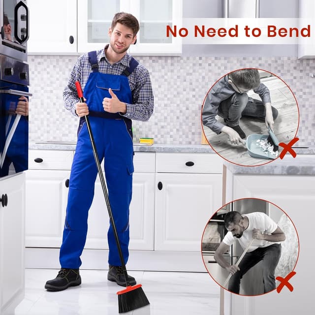 Detalle de TreeLen Dust Pan and Broom Combo with 52" Handle and Upright Stand (Black/Red)