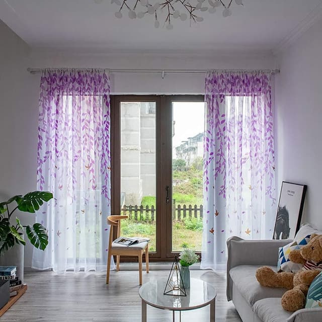 Detalle de Boyouth Swallows and Willow Branches Printed Voile Sheer Curtains (Purple) – 2 Panel Rod Pocket Drapes, for Bedroom & Living Room