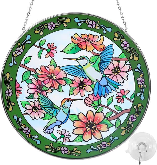 Detalle de Exporify Stained Glass Suncatcher Hummingbird (8 inch) – garden hanging window ornament