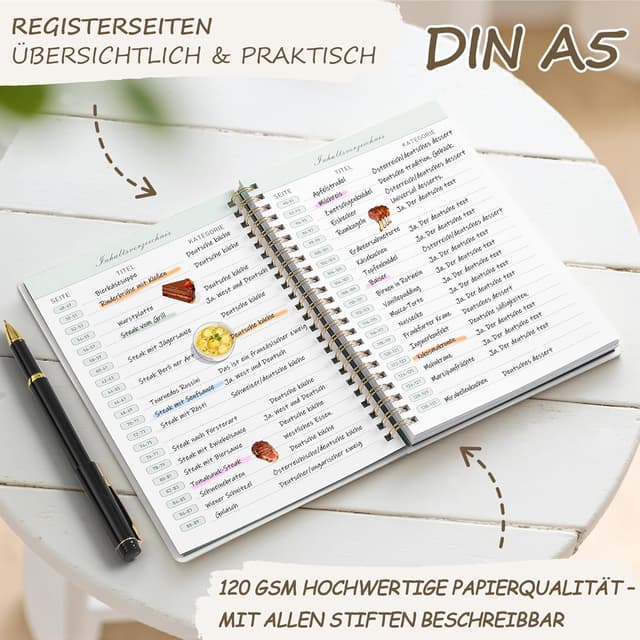 Detalle de ZXHQ Rezeptbuch zum Selberschreiben A5 mit Inhaltsverzeichnis & Schutzcover – Deutsch, 126 Seiten (Salbeigrün)