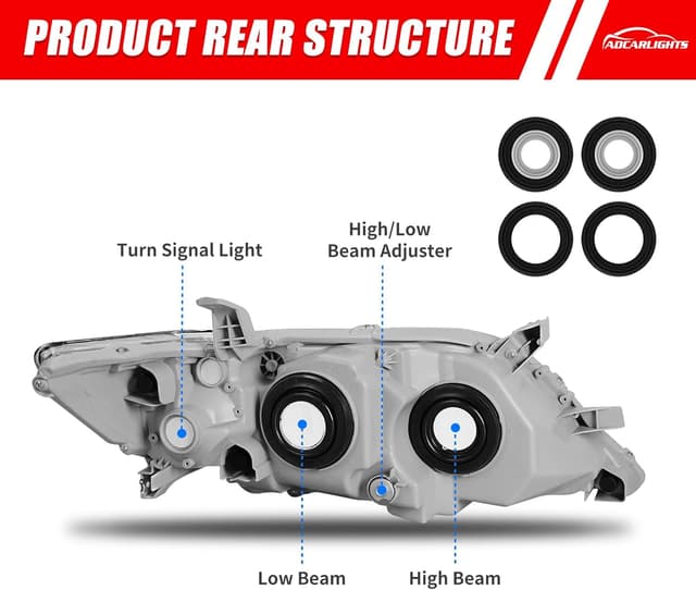 Detalle 2 de ADCARLIGHTS Compatible Headlights for 2010–2011 Toyota Camry (Chrome Housing, Amber Reflector, Clear Lens) — Driver & Passenger Side (W/O Bulbs)