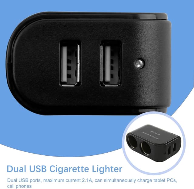 Detalle 1 de ltteea Car Cigarette Lighter Splitter + Dual USB Charger (2 Sockets, 12V/24V) for Dash Cam, GPS and Phones