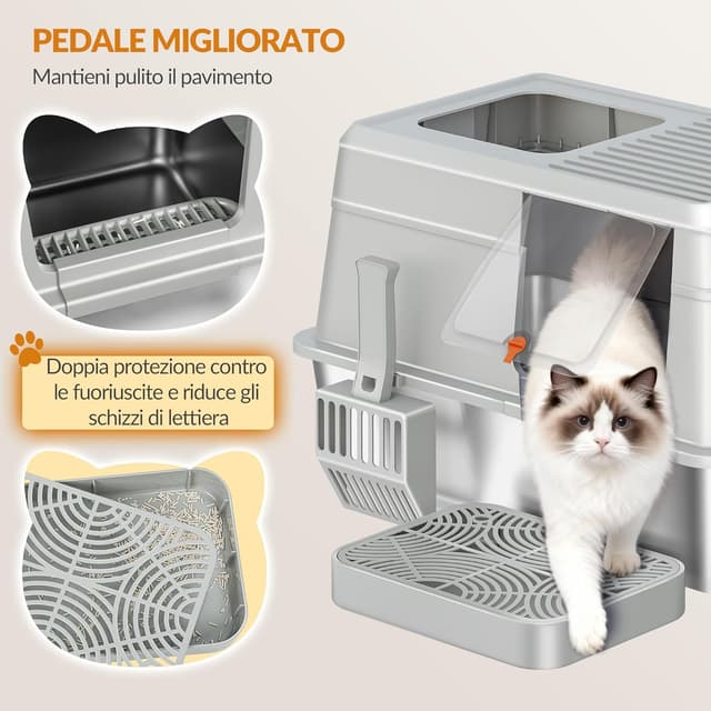 Detalle de Fobyfurny FPLB204SG1 Lettiera chiusa in acciaio inox XXL con coperchio, doppio ingresso e pedana (60 x 40 x 38 cm) – Grigio chiaro