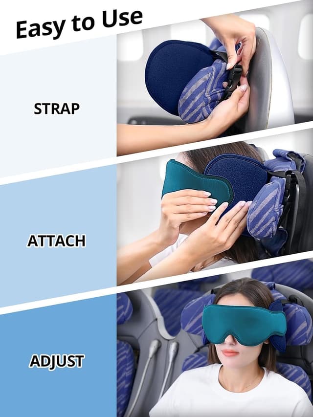 Detalle de Inspireyes travel pillow for airplanes with head strap and sleep eye mask – 360° supported headrest (Light Black)