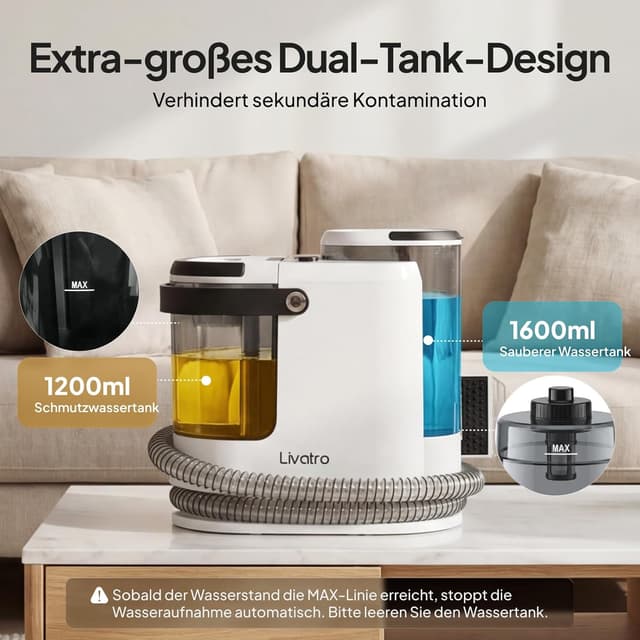 Detalle de Livatro Polsterreiniger/Nasssauger Waschsauger mit Dampf – 15 kPa, 1,6-Liter Wassertank, Selbstreinigung