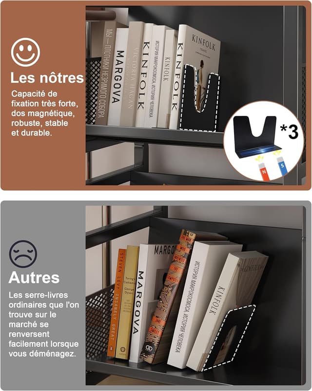 Detalle de Chariot livre bibliothèque à roulettes 70 kg avec 3 étagères mobiles et serre-livres magnétiques (noir)