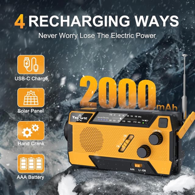 Detalle de Wind Up Solar Radio emergency hand crank radio with SOS alarm, flashlight & built-in cables (7400mWh / 2000mAh)