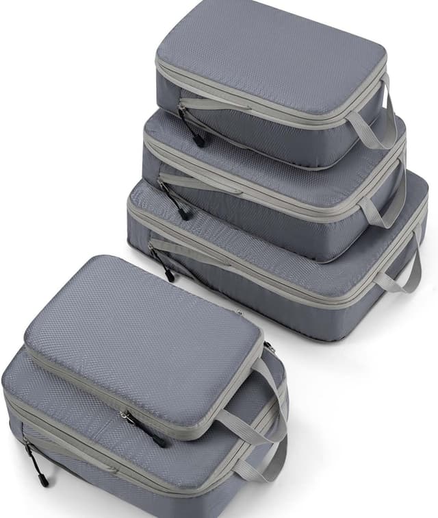 Detalle de Meowoo 5-teiliges Kompressions-Packwürfel-Set (XL, 2×L, 2×M) für Koffer & Handgepäck – wasserdichter Organizer mit Reißverschluss, Grau