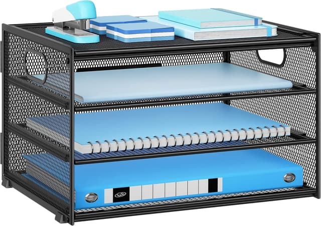 Detalle de Marbrasse Organizer da ufficio a 4 livelli con cestino in rete e manico (nero)