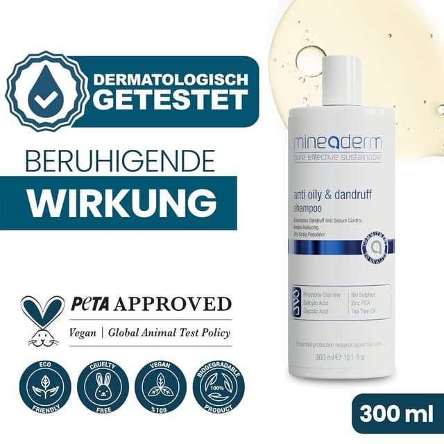 Detalle de Mineaderm Anti-Schuppen Shampoo für fettige Kopfhaut mit Piroctone Olamine, Salicylsäure & Teebaumöl – ohne Silikone (300 ml)
