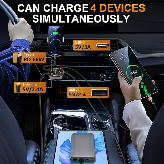 Detalle de SUPRBIRD Retractable Car Charger 4 in 1 (66W USB-C) with Starry LED Interior Lights – Black