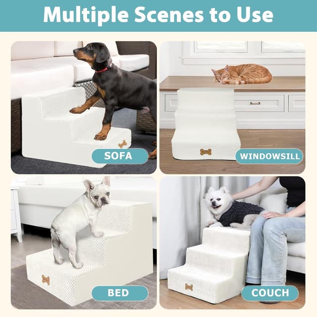 Detalle de Nepfaivy 3-Step Dog Stairs for Bed with Non-Slip Foam Steps (Beige, 45x40x34cm)