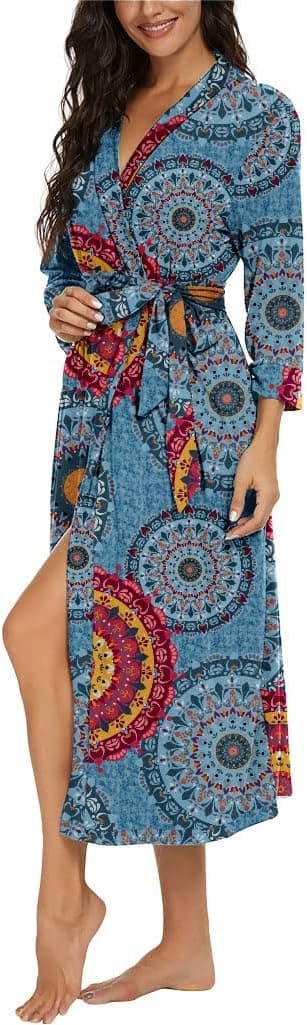 Detalle de PrinStory Damen-Bademantel mit 3/4-Ärmeln, V-Ausschnitt & Kimono-Schnitt (leichter Morgenmantel)