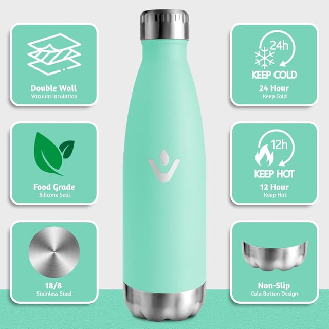 Detalle 2 de Motswedi borraccia termica bambini 500 ml in acciaio inox 18/8 doppia parete, blu verde