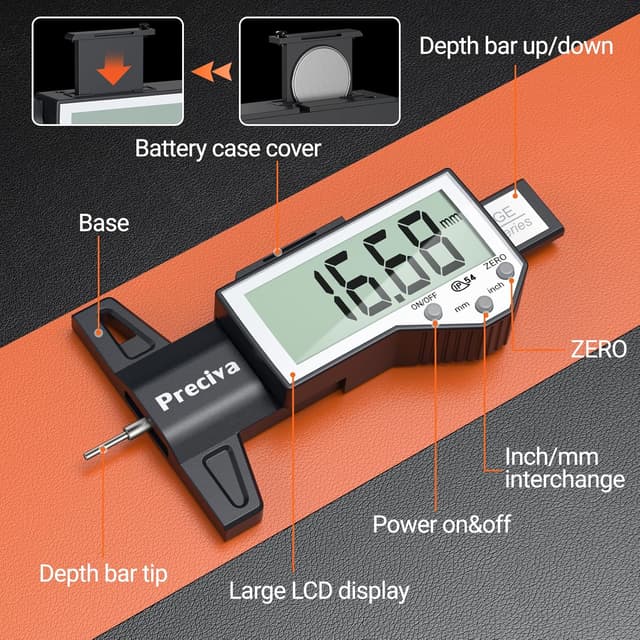 Detalle 2 de Preciva Tyre Tread Depth Gauge & Brake Pad Measuring Tool Kit (Large Screen, 0.01mm accuracy)