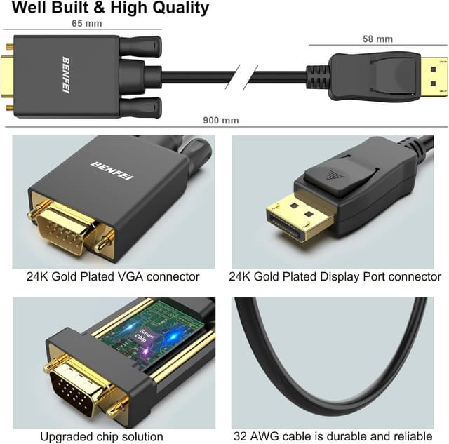 Detalle 2 de BENFEI DisplayPort auf VGA Kabel (0,9 m) – unidirektional, Stecker-zu-Stecker für Monitor & Beamer