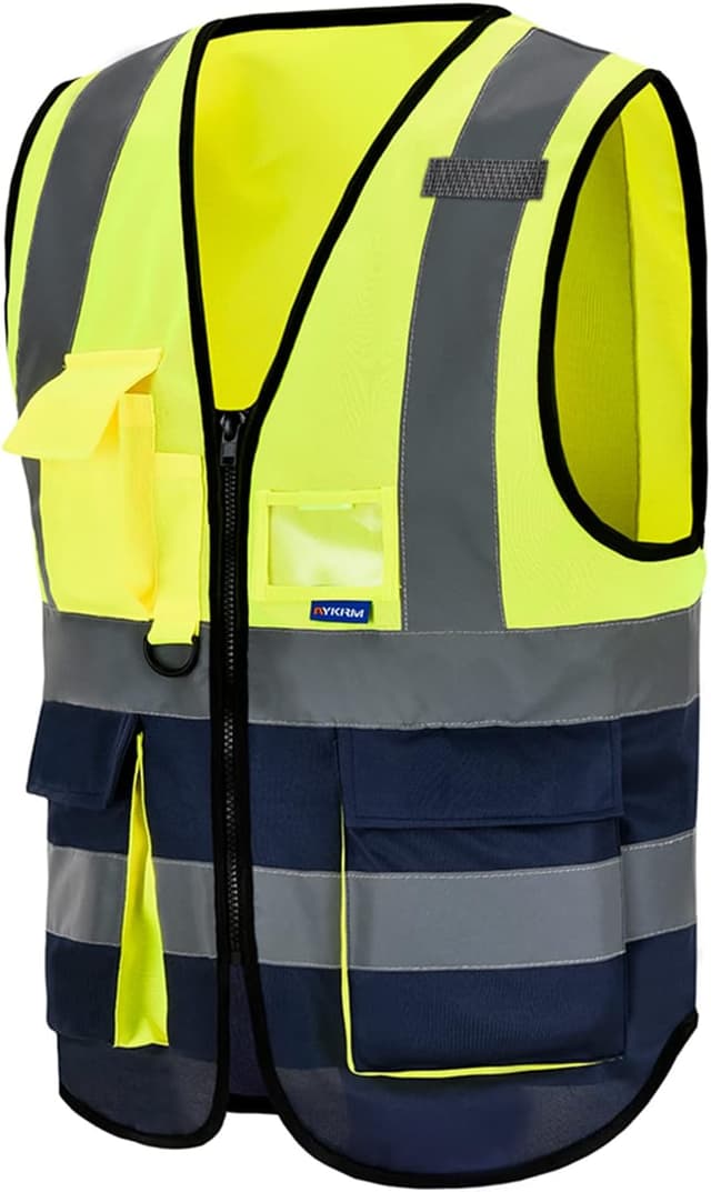 Detalle de AYKRM high-visibility executive vest with zip front, 360° reflective strips and phone & ID pockets