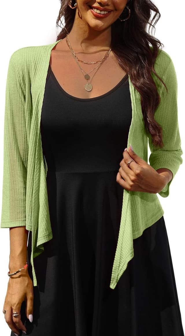 Detalle de PrinStory V-Neck tie-front shrug for women, lightweight 3/4 sleeve layer top