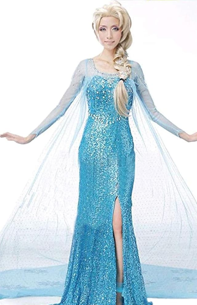 Detalle 2 de YOSICIL Damen Prinzessin ELSA Kleid (Eiskönigin) – blaues Cosplay-/Festkleid, S-2XL