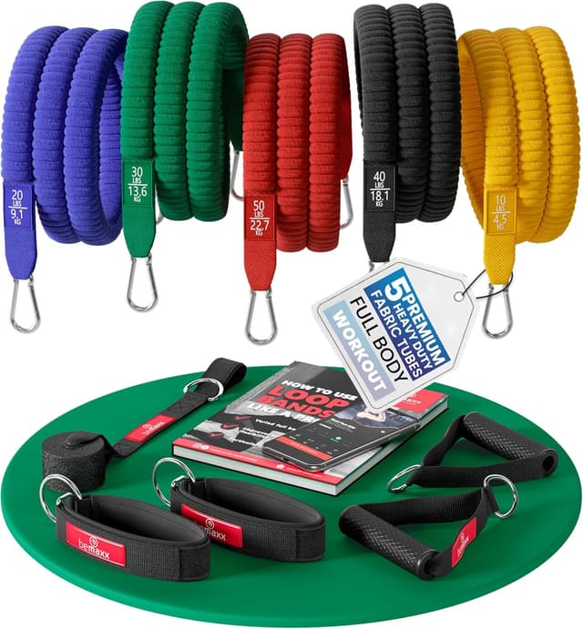 Detalle de Resistance Bands Set with Handles, Door Anchor, Ankle Straps + Exercise Ebook (5 Long Latex Tubes)