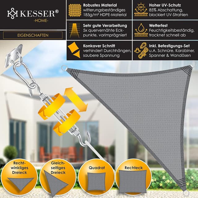 Detalle 2 de KESSER® Sonnensegel Sonnenschutz Windschutz aus HDPE-Gewebe, dreieckig 2,5 x 2,5 x 3,5 m (5-fach quer vernäht) grau