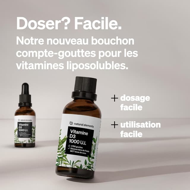 Detalle de Natural Elements Vitamine D3 1000 U.I. en gouttes – 50 ml (huile de coco TCM), fortement dosée