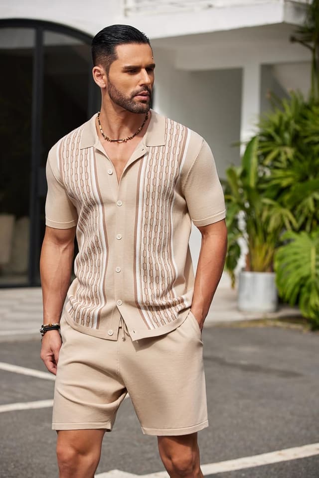 Detalle 2 de COOFANDY Men’s 2-Piece Vintage Knit Polo & Beach Shorts Set (Short Sleeve Button-Down)