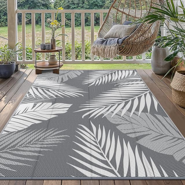 Detalle de GENIMO Outdoor Rug 120x180cm – Waterproof Reversible Garden Carpet (Grey & White)