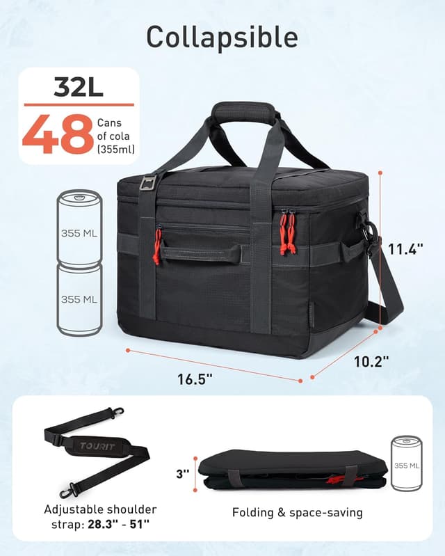 Detalle 2 de TOURIT Soft Sided Cooler Bag (48/60 Cans) — Large Collapsible, Leakproof Insulated Ice Chest for Picnic, Beach, Camping