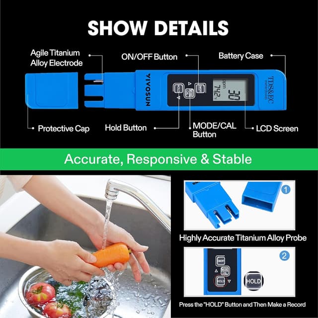Detalle de VIVOSUN TDS Tester 3 in 1: misura TDS, EC e temperatura dell’acqua (blu)