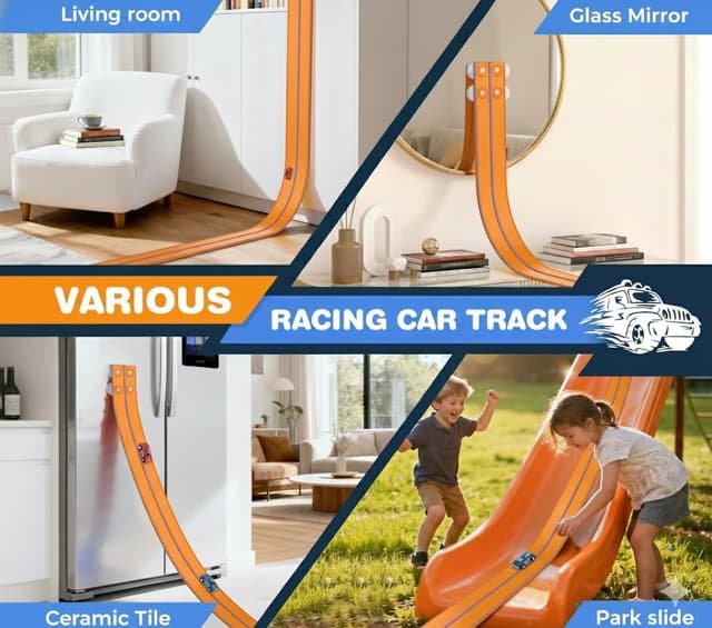 Detalle de DKOXT 15 Ft Flexible Race Track for Kids DIY Car Track Set (Dual-Track) with 2 Toy Cars & 3 Suction Cup Ramps