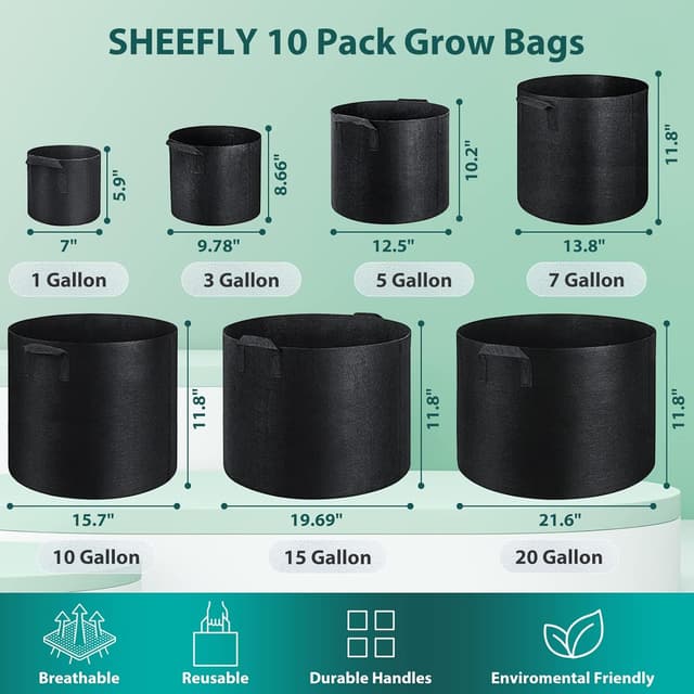 Detalle 2 de SHEEFLY 10 Pack 5 Gallon Grow Bags (Non-woven Fabric) with Reinforced Handles and 10 Plant Labels