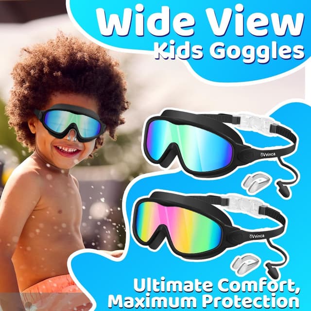 Detalle 2 de Vvinca Kids Swimming Goggles (2 Pack) with Earplugs, Nose Clip & Anti-Fog UV Protection for Age 3–15