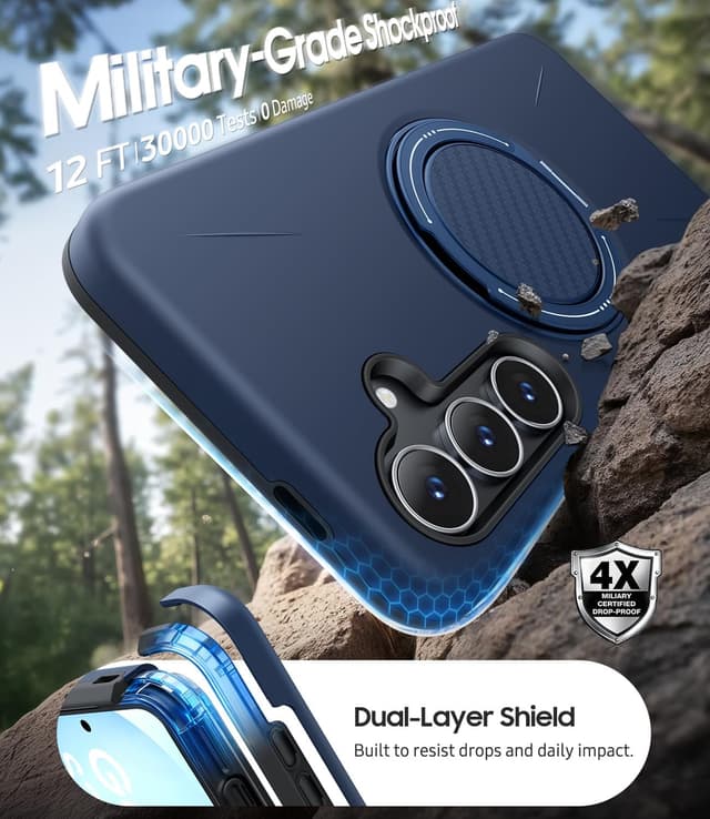 Detalle 2 de AOUIA Galaxy S26 Plus case with 2-pack screen protectors and 360° rotating kickstand (Blue)