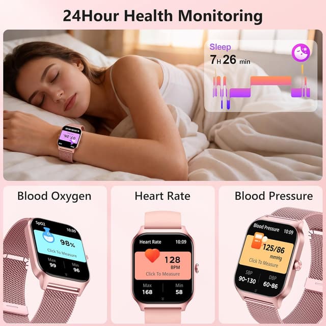 Detalle de Popglory Smartwatch mit Telefonfunktion (Herren & Damen) – Fitnessuhr mit 1,85" HD-Display, Blutdruck, SpO2 & mehr