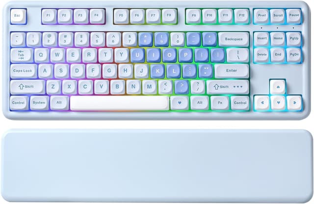 Detalle de YUNZII B87 drahtlose mechanische Tastatur (QMK/VIA, Gasket, RGB, BT5.0/2.4G/USB‑C) mit Soft-Touch-Wrist Rest