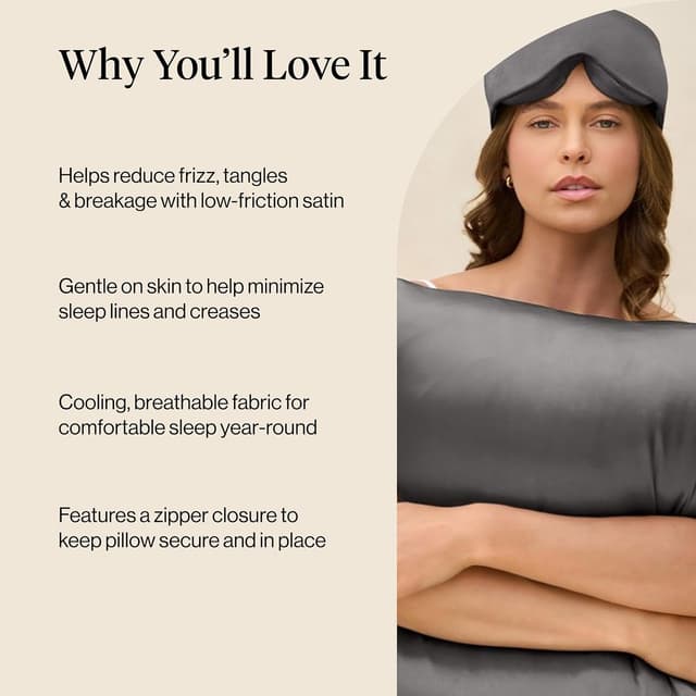 Detalle de Kitsch Satin Pillowcase with Zipper for Hair & Skin (Charcoal) – 48x66 cm