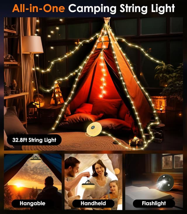 Detalle de MoKo 32.8ft Camping String Light – 4-in-1 rechargeable LED lantern, fairy lights & power bank