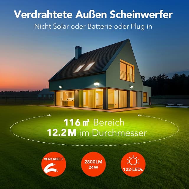 Detalle de OREiN LED-Strahler mit Bewegungsmelder für außen IP65, 24 W, 2800 lm – 3 Leuchtmodi & 2700/4000/6500 K