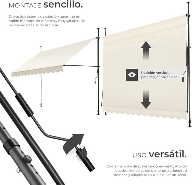 Thumbnail 2 de tectake® Toldo Terraza Manual 300 cm Beige ☀️ Resistente a UV y Agua