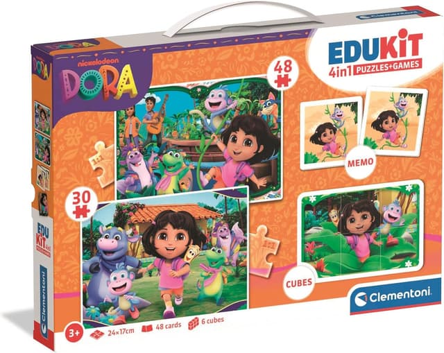 Detalle de Clementoni Edukit 4 in 1 Dora (18209) – Spielesammlung mit 2 Puzzles, Memo & Würfelpuzzle für ab 3 Jahren