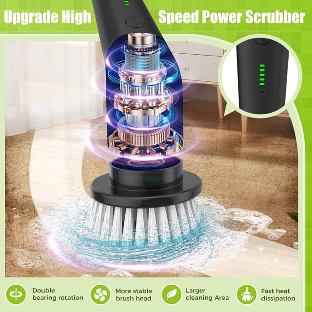 Detalle de YKYI Cordless Electric Spin Scrubber with Adjustable Handle, 2 Speeds & 8 Brush Heads (IPX7)