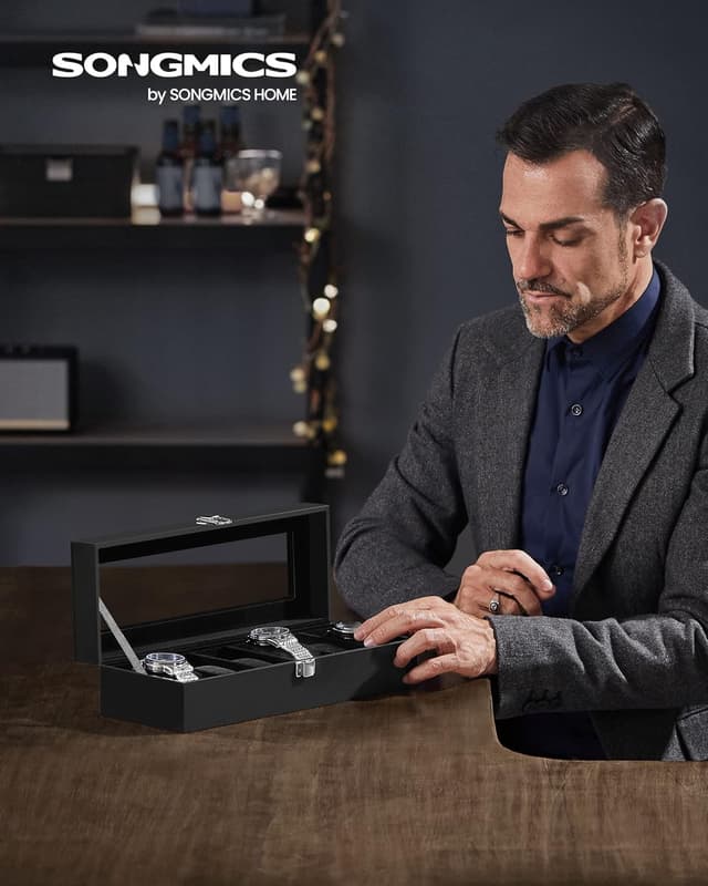 Detalle de SONGMICS JWB06B01 6-Slot Watch Box with Glass Lid and Removable Pillows